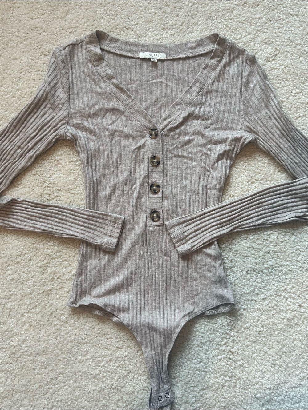 Z Supply Ribbed Long Sleeve Henley Bodysuit in Taupe